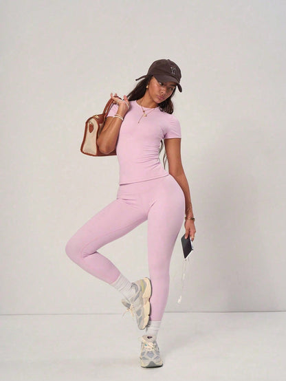 Pinktip "Pastel Pink Basic Crop Top & Shorts Set Breathable Cottonlinen Blend & Highwaist Loose Fit Summer Casual & Gym Essentials"